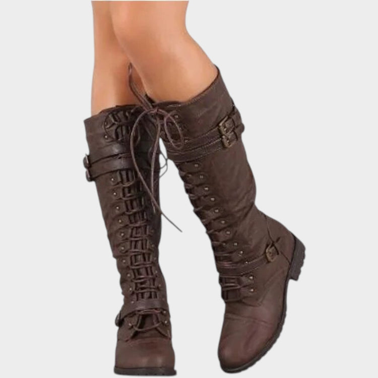 Women's Leather Knee High Boots with Buckle Details