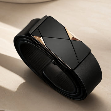 Men’s Leather Belt - Automatic Buckle Adjustable | Cowhide Belt for Business Casual Jeans and Everyday Wear No Holes Design Neriona Gold 43.3″ Leather Belt