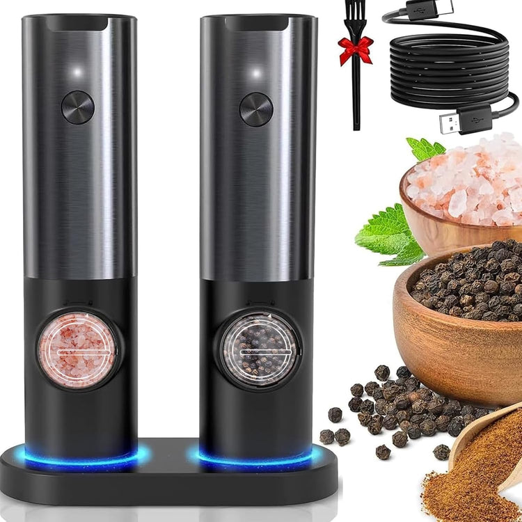 Electric Salt and Pepper Grinder Set Rechargeable | Stainless Steel Mills With Adjustable Grind and LED Light for Easy Use Neriona