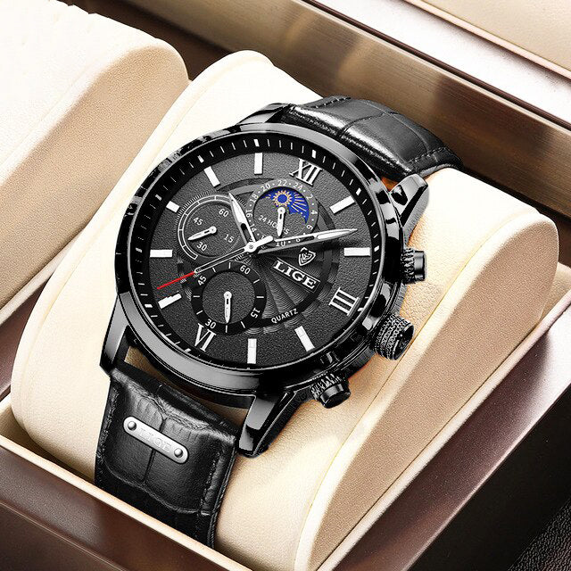 Lige Leather Classic Watch | With Moonphase Detail and Luminous Hands for Everyday and Business Wear Neriona All Black
