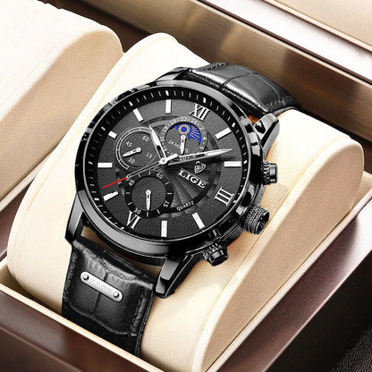 Lige Leather Classic Watch | With Moonphase Detail and Luminous Hands for Everyday and Business Wear Neriona All Black