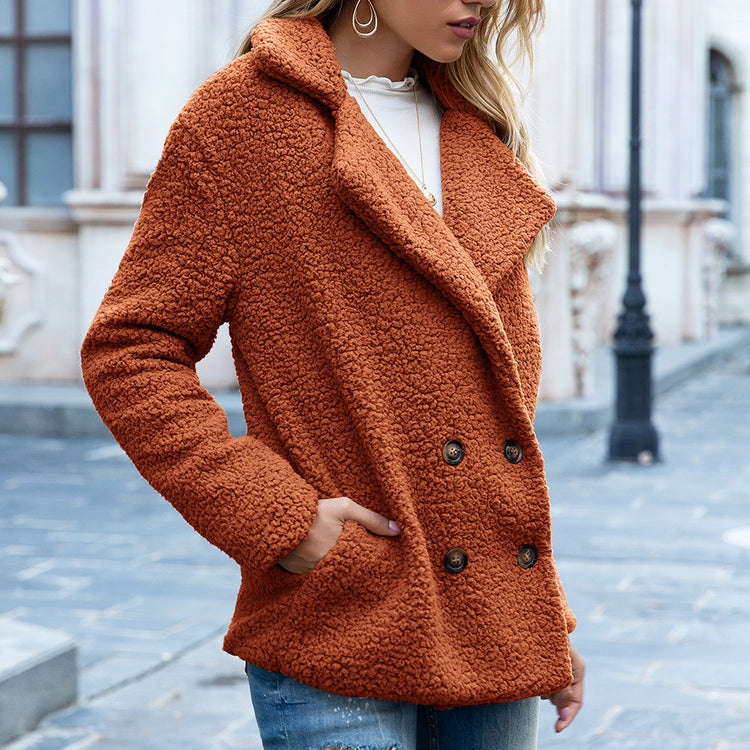 Charlotte – Teddy Button Coat | Warm Fleece Button Jacket For Women Neriona Caramel colour