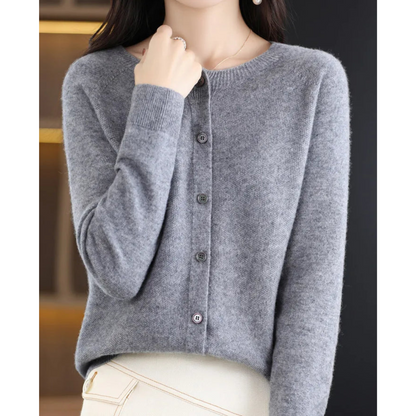 Women's Merino Wool & Cashmere Cardigan | Elegant O-Neck Button Knit For Winter Layering
