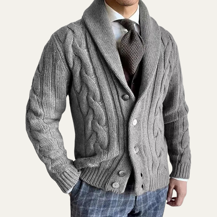 Nathaniel – Chunky Cable Knit Cardigan | Shawl Collar Button Front