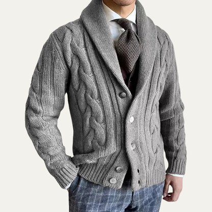 Nathaniel – Chunky Cable Knit Cardigan | Shawl Collar Button Front