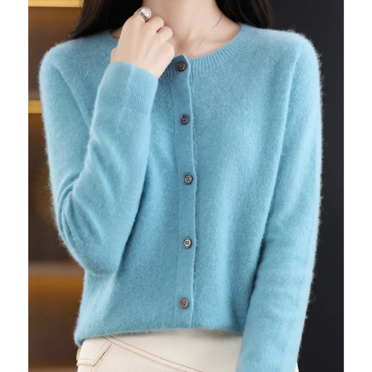 Women's Merino Wool & Cashmere Cardigan | Elegant O-Neck Button Knit For Winter Layering