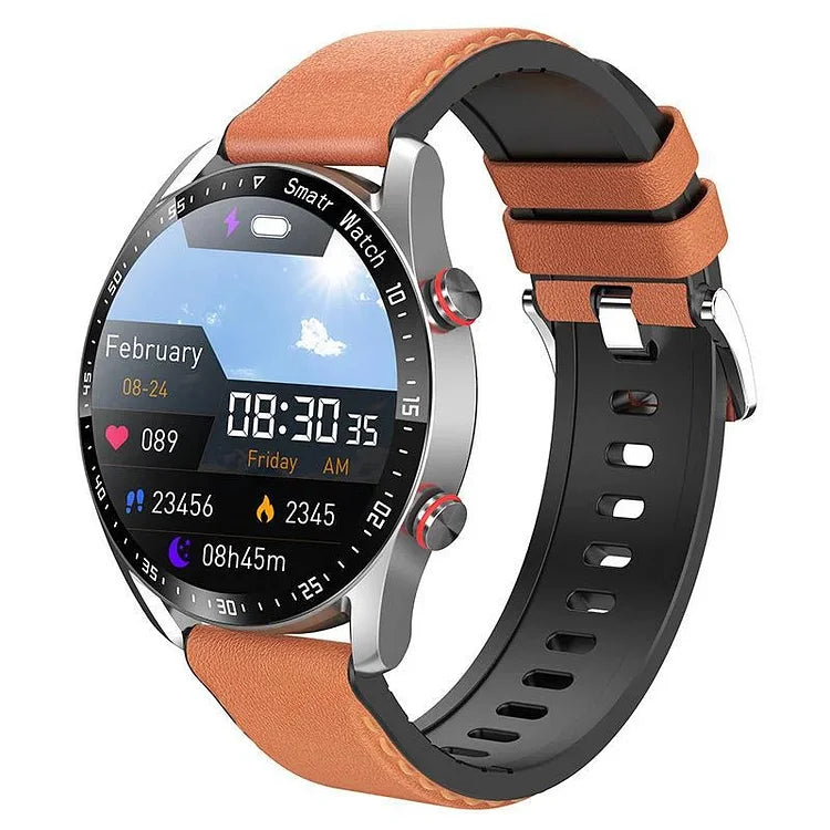 Non-Invasive Blood Glucose Test Smartwatch | Bluetooth Calling Fitness Watch with Heart Rate, Sleep and Health Monitoring Neriona Orange Leather Strap