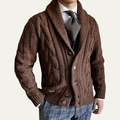 Nathaniel – Chunky Cable Knit Cardigan | Shawl Collar Button Front