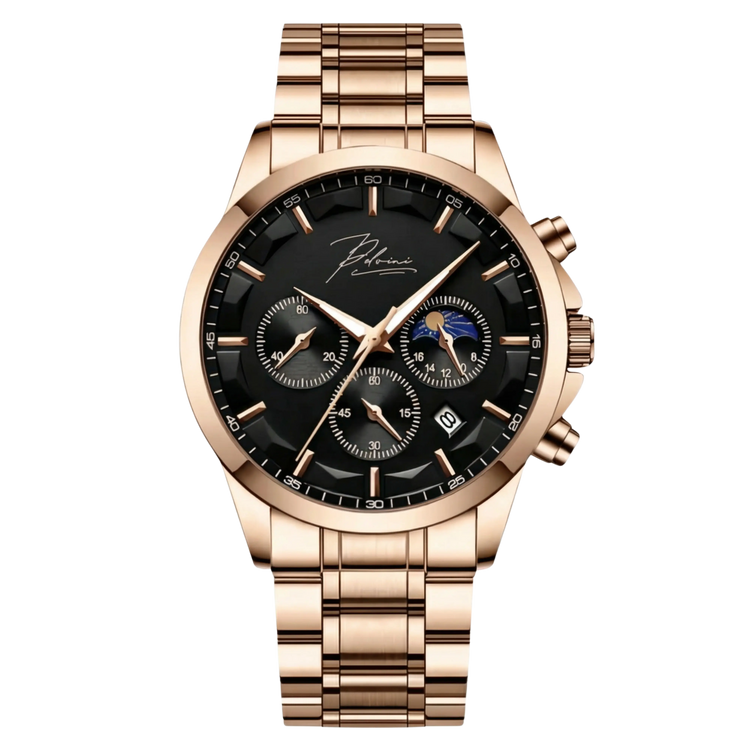 Dominus Stainless Steel Watch Bold Classic Style | Refined Dial Watch With Full Metal Bracelet Neriona Rose Gold Obsidian