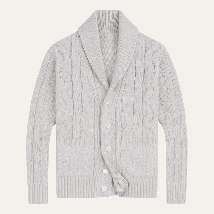 Nathaniel – Chunky Cable Knit Cardigan | Shawl Collar Button Front