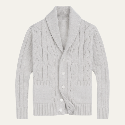 Nathaniel – Chunky Cable Knit Cardigan | Shawl Collar Button Front