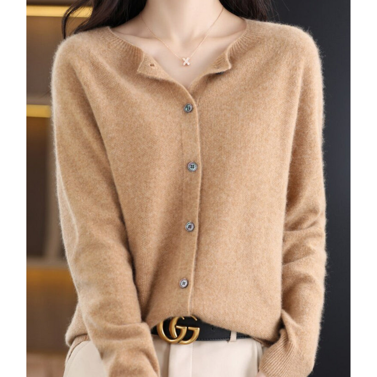Women's Merino Wool & Cashmere Cardigan | Elegant O-Neck Button Knit For Winter Layering