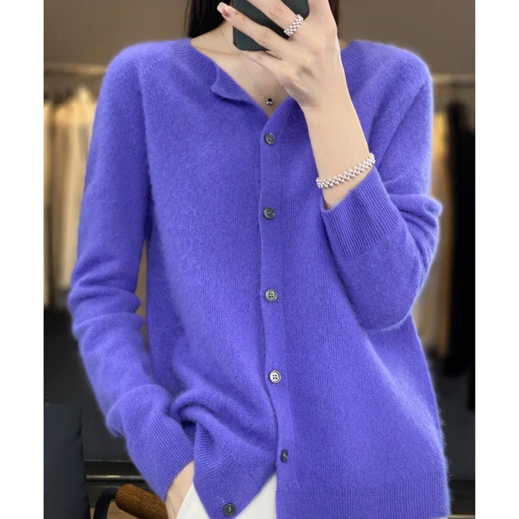 Women's Merino Wool & Cashmere Cardigan | Elegant O-Neck Button Knit For Winter Layering