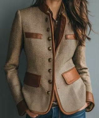 Clara – Tweed Jacket | Women's Tailored Blazer With Faux Leather Trim Neriona