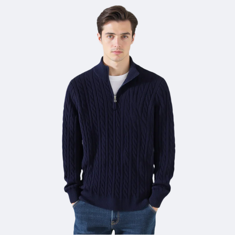 Everett – Quarter-Zip Cable Knit Sweater | 100% Cotton Pullover For Smart Casual Style Neriona Navy