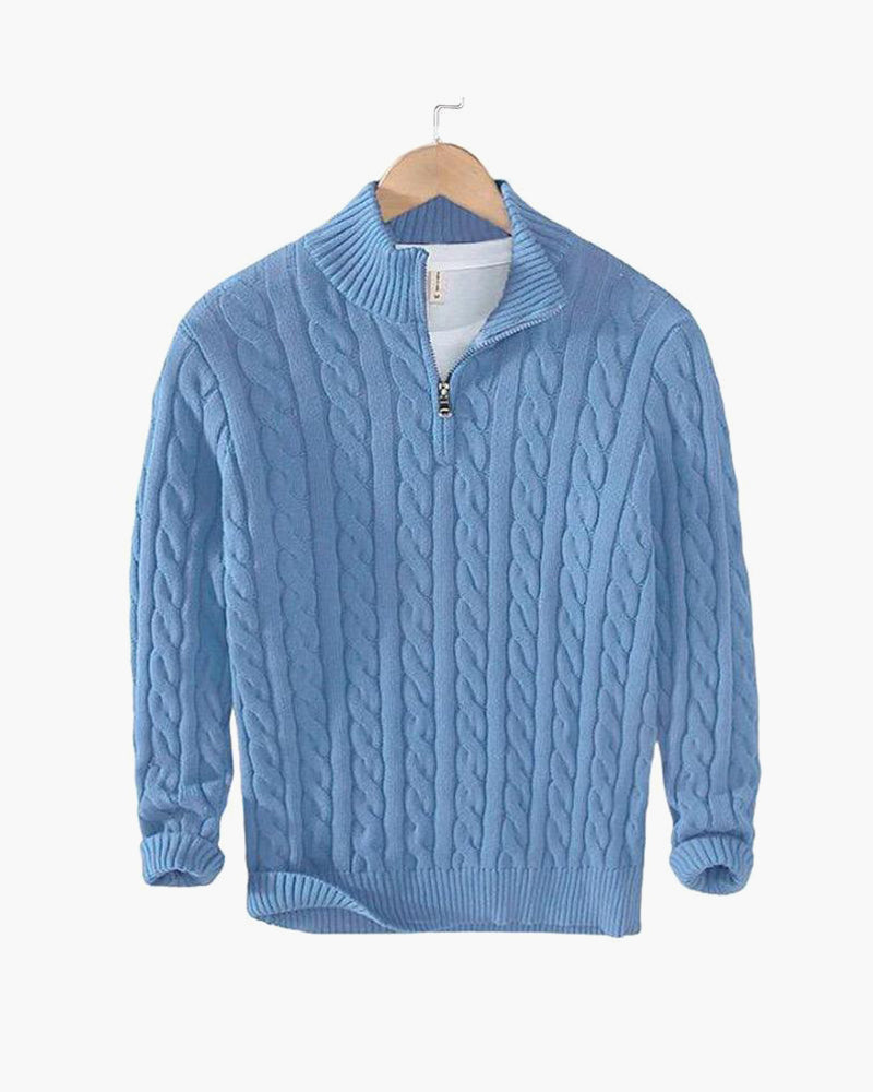 Everett – Quarter-Zip Cable Knit Sweater | 100% Cotton Pullover For Smart Casual Style Neriona Light Blue