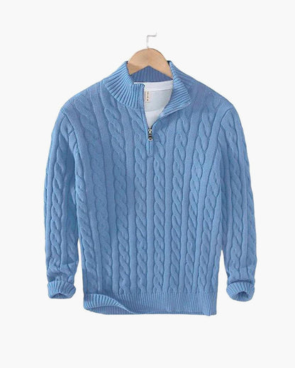 Everett – Quarter-Zip Cable Knit Sweater | 100% Cotton Pullover For Smart Casual Style Neriona Light Blue