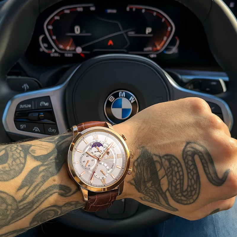Lige Leather Classic Watch | With Moonphase Detail and Luminous Hands for Everyday and Business Wear Neriona