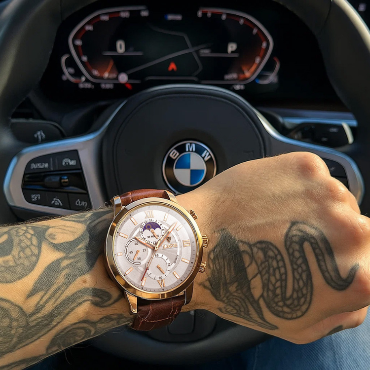Lige Leather Classic Watch | With Moonphase Detail and Luminous Hands for Everyday and Business Wear Neriona