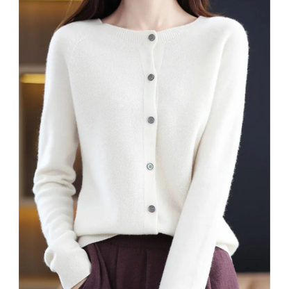 Women's Merino Wool & Cashmere Cardigan | Elegant O-Neck Button Knit For Winter Layering