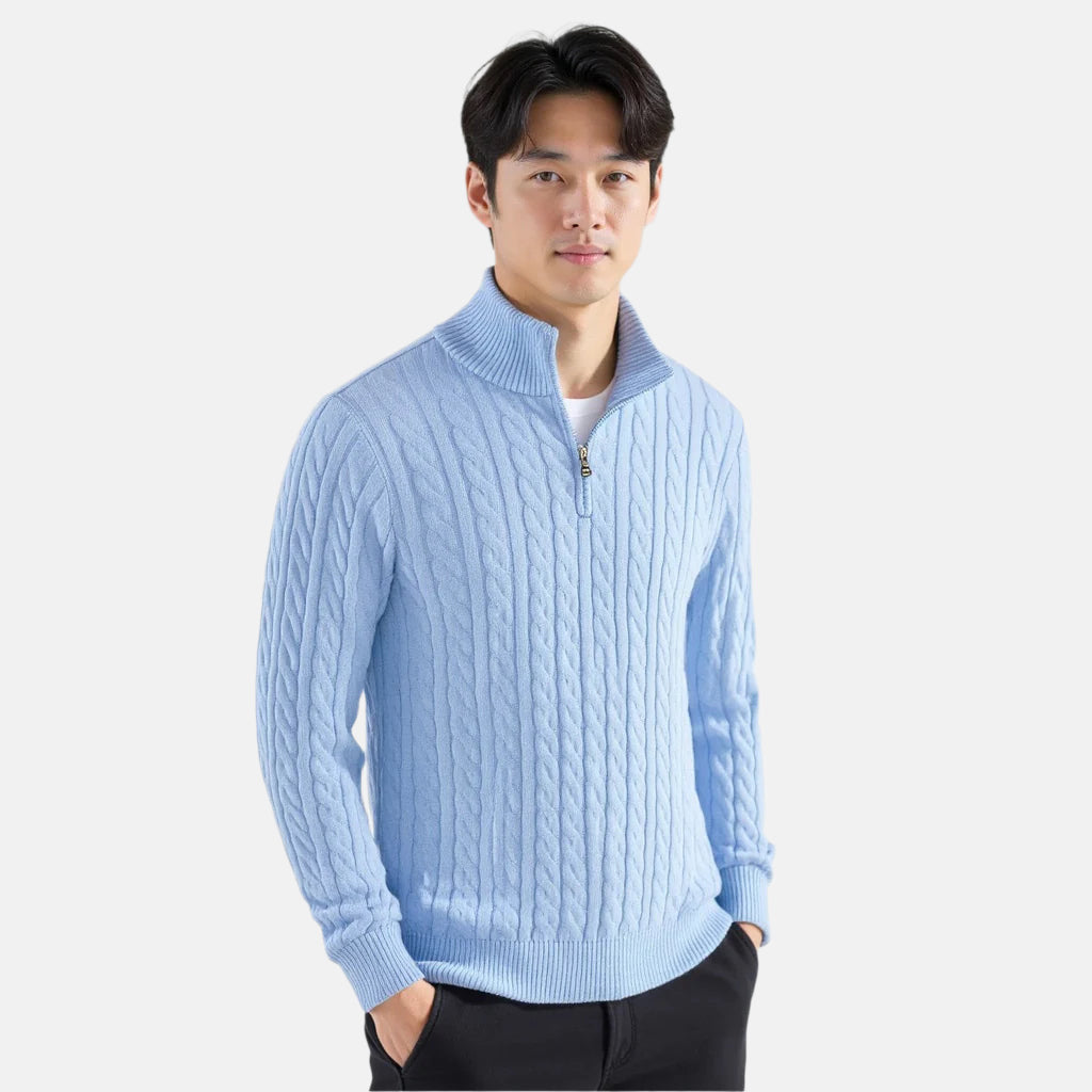 Everett – Quarter-Zip Cable Knit Sweater | 100% Cotton Pullover For Smart Casual Style Neriona Light Blue