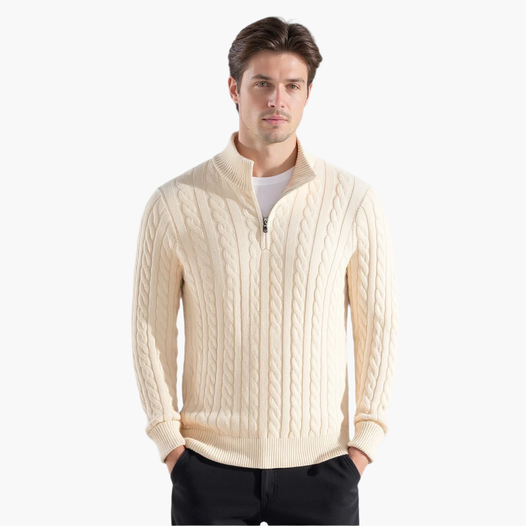 Everett – Quarter-Zip Cable Knit Sweater | 100% Cotton Pullover For Smart Casual Style Neriona Beige