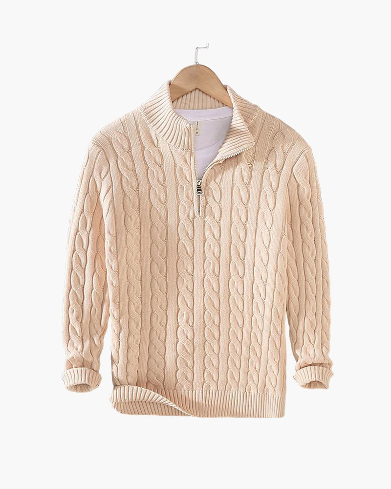 Everett – Quarter-Zip Cable Knit Sweater | 100% Cotton Pullover For Smart Casual Style Neriona Beige L