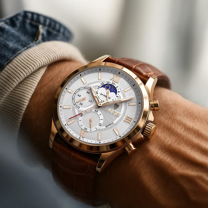 Lige Leather Classic Watch | With Moonphase Detail and Luminous Hands for Everyday and Business Wear Neriona