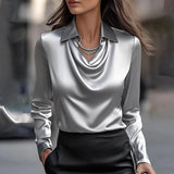 Celeste – Satin Blouse | Elegant Draped Neck Top For Work & Evening Wear Neriona Gray
