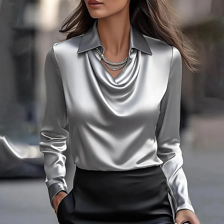 Celeste – Satin Blouse | Elegant Draped Neck Top For Work & Evening Wear Neriona Gray
