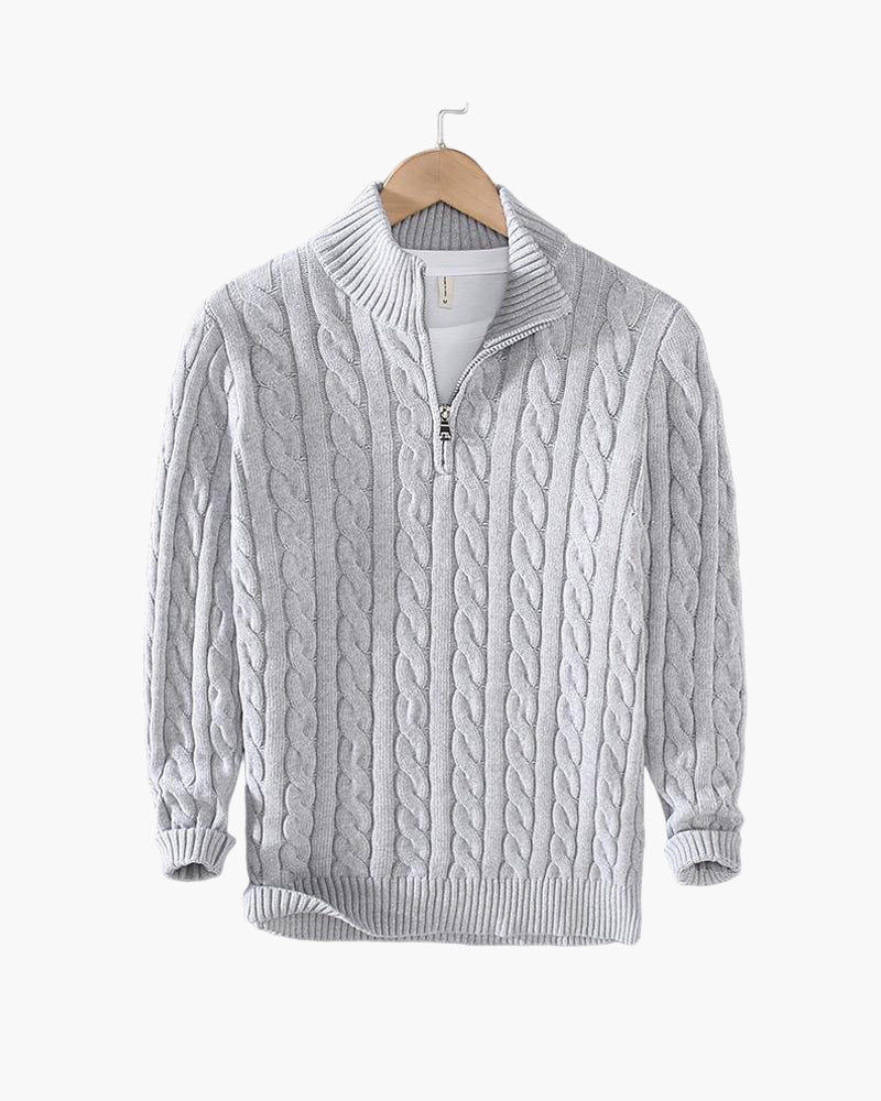 Everett – Quarter-Zip Cable Knit Sweater | 100% Cotton Pullover For Smart Casual Style Neriona Grey