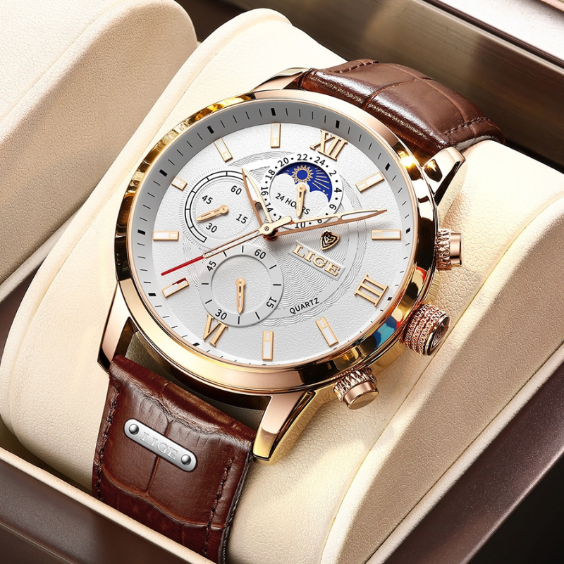 Lige Leather Classic Watch | With Moonphase Detail and Luminous Hands for Everyday and Business Wear Neriona