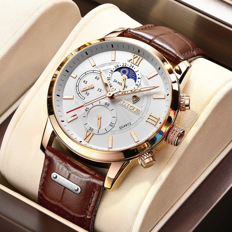 Lige Leather Classic Watch | With Moonphase Detail and Luminous Hands for Everyday and Business Wear Neriona