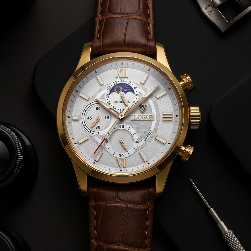 Lige Leather Classic Watch | With Moonphase Detail and Luminous Hands for Everyday and Business Wear Neriona