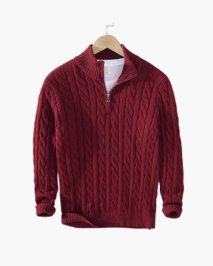 Everett – Quarter-Zip Cable Knit Sweater | 100% Cotton Pullover For Smart Casual Style Neriona Burgundy 3XL