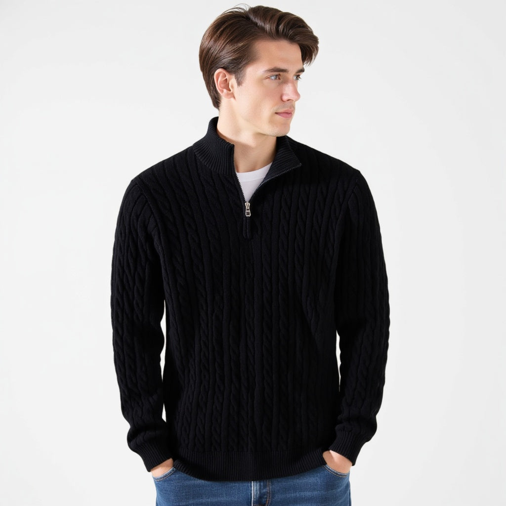 Everett – Quarter-Zip Cable Knit Sweater | 100% Cotton Pullover For Smart Casual Style Neriona Black