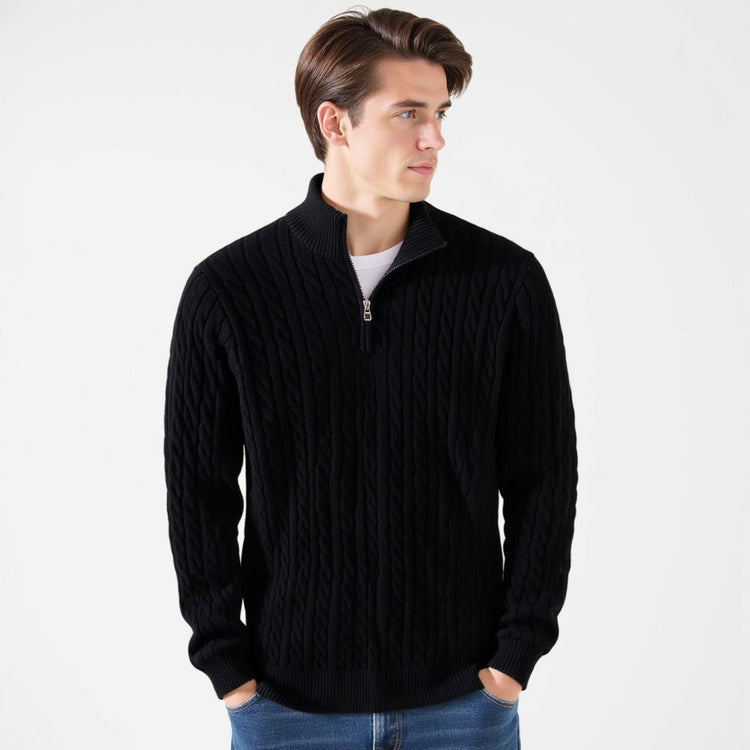 Everett – Quarter-Zip Cable Knit Sweater | 100% Cotton Pullover For Smart Casual Style Neriona Black