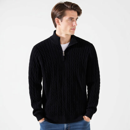 Everett – Quarter-Zip Cable Knit Sweater | 100% Cotton Pullover For Smart Casual Style Neriona Black