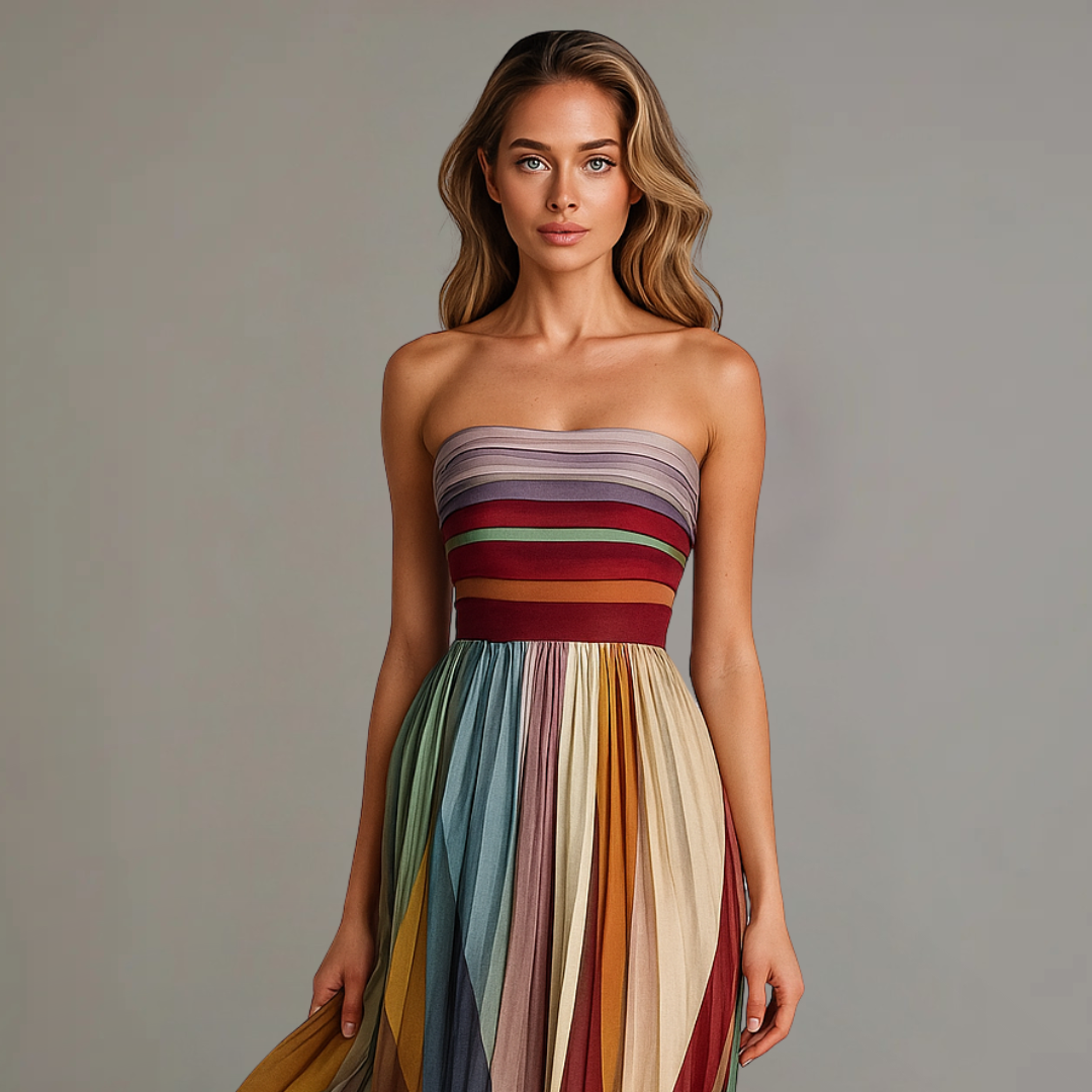 Elodie™ – Colorful Summer Maxi Dress | Strapless Women's Pleated Dress for Vacation, Beach & Resort Wear Neriona