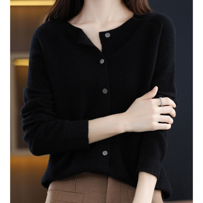 Women's Merino Wool & Cashmere Cardigan | Elegant O-Neck Button Knit For Winter Layering