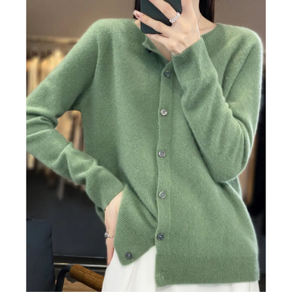 Women's Merino Wool & Cashmere Cardigan | Elegant O-Neck Button Knit For Winter Layering