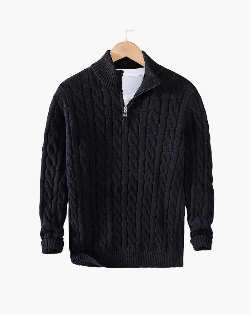 Everett – Quarter-Zip Cable Knit Sweater | 100% Cotton Pullover For Smart Casual Style Neriona Black