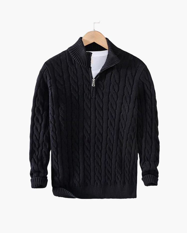 Everett – Quarter-Zip Cable Knit Sweater | 100% Cotton Pullover For Smart Casual Style Neriona Black