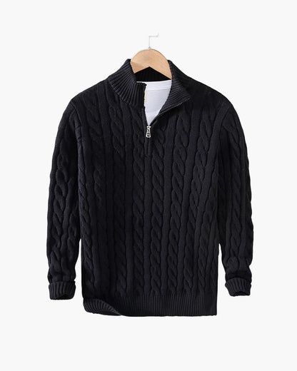 Everett – Quarter-Zip Cable Knit Sweater | 100% Cotton Pullover For Smart Casual Style Neriona Black