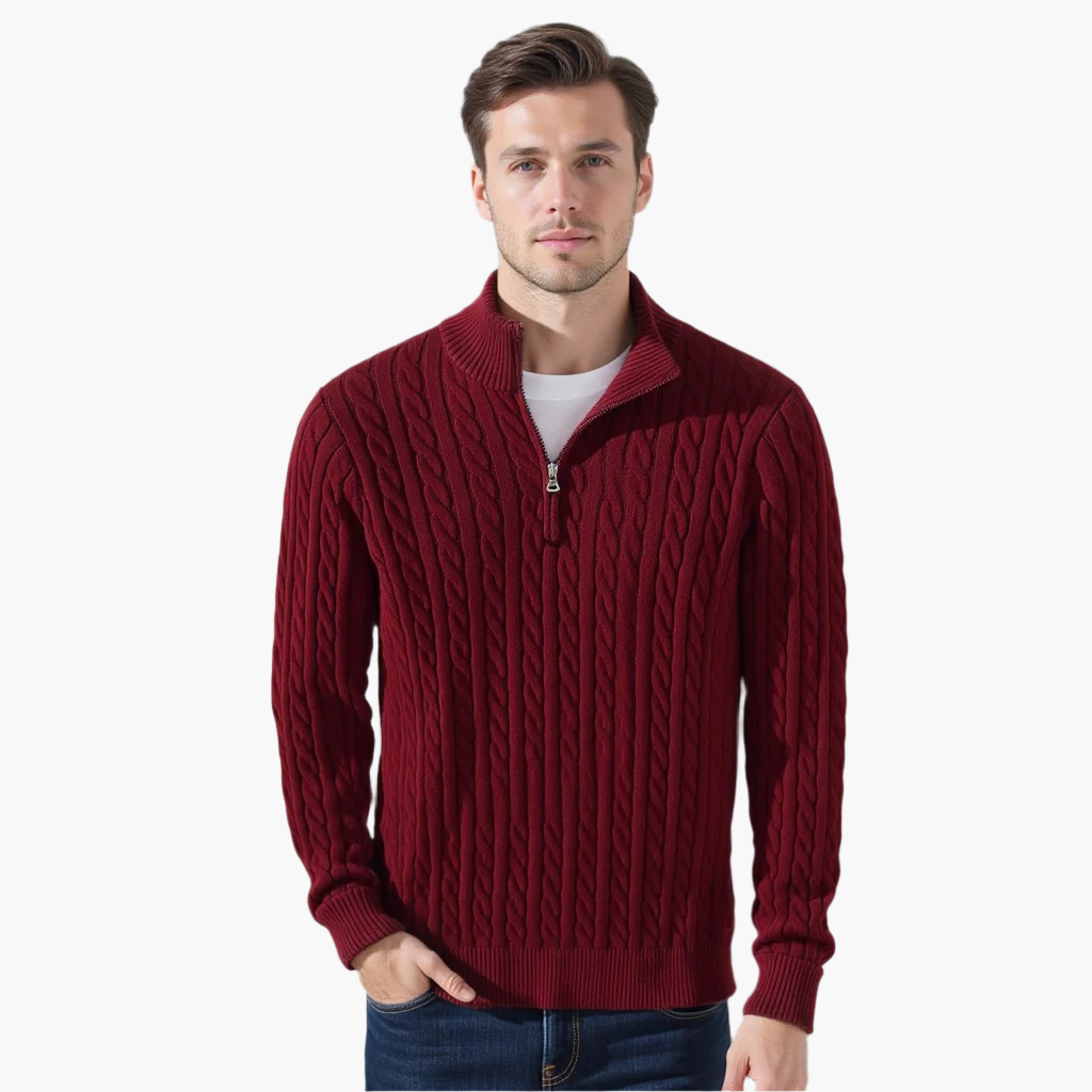 Everett – Quarter-Zip Cable Knit Sweater | 100% Cotton Pullover For Smart Casual Style Neriona Burgundy