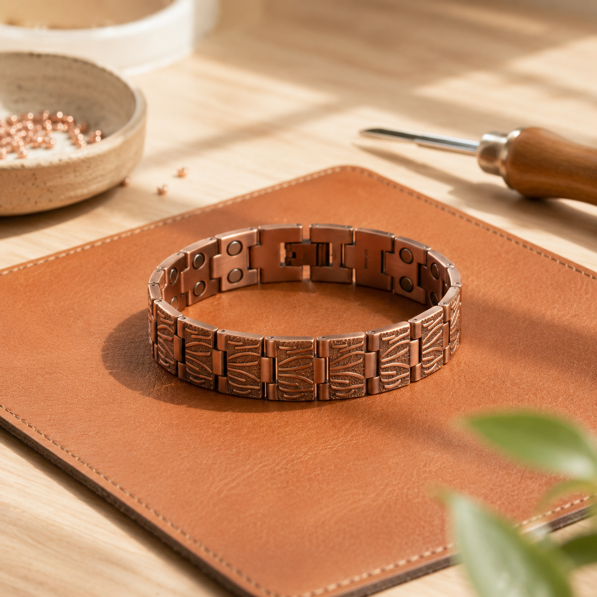 Men's Brogue Copper Bracelet | Textured Leather-Inspired Cuff Bracelet Neriona