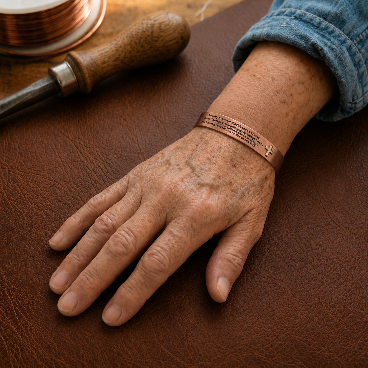 Patricia's Creed Copper Bracelet | Engraved Word Cuff Bracelet Neriona