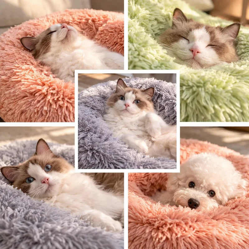 Donut Dog and Cat Bed - Soft Plush Pet Bed for Calming Sleep Neriona