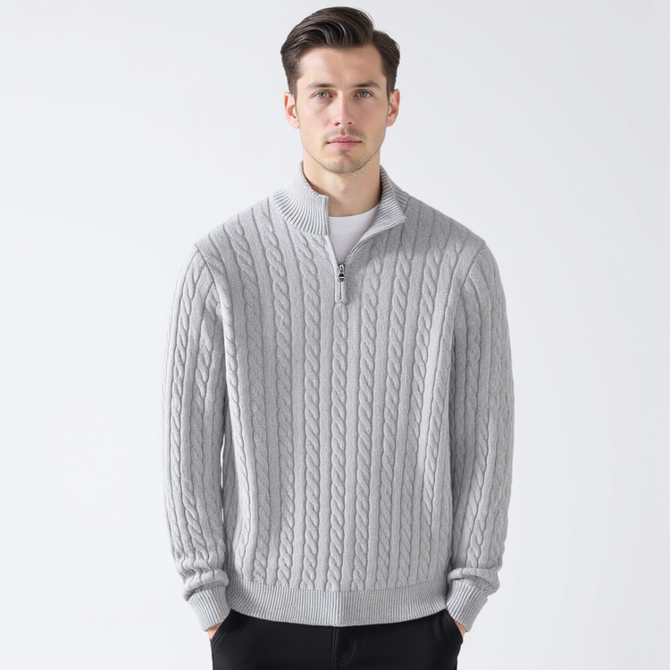 Everett – Quarter-Zip Cable Knit Sweater | 100% Cotton Pullover For Smart Casual Style Neriona Grey