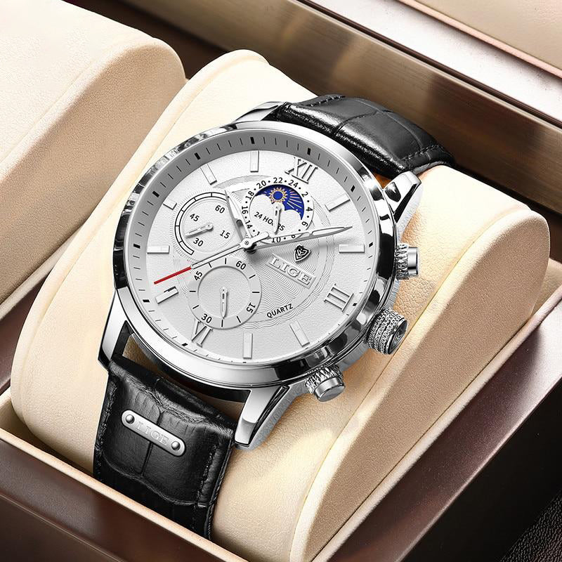 Lige Leather Classic Watch | With Moonphase Detail and Luminous Hands for Everyday and Business Wear Neriona Silver white